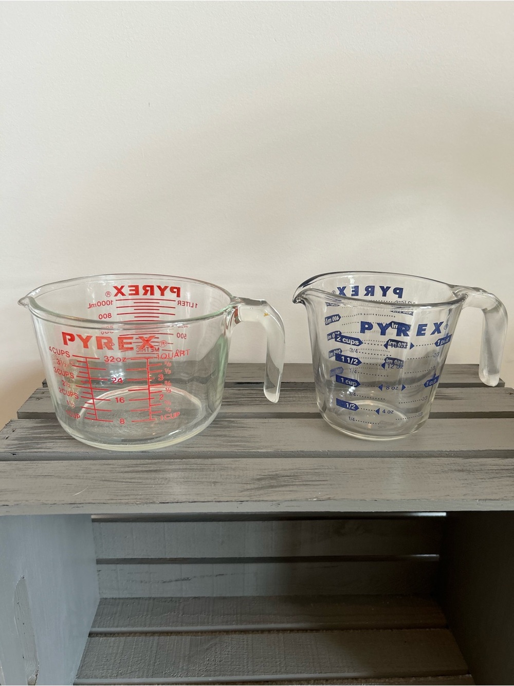 Vintage Pyrex Clear Glass Measuring Cups with Red and Blue Markings